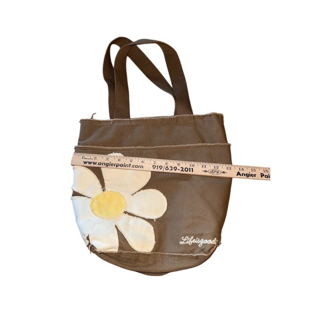 Life is Good Tote Bag Brown Medium Floral Daisy Applique Reusable Shopper boho - Picture 6 of 8